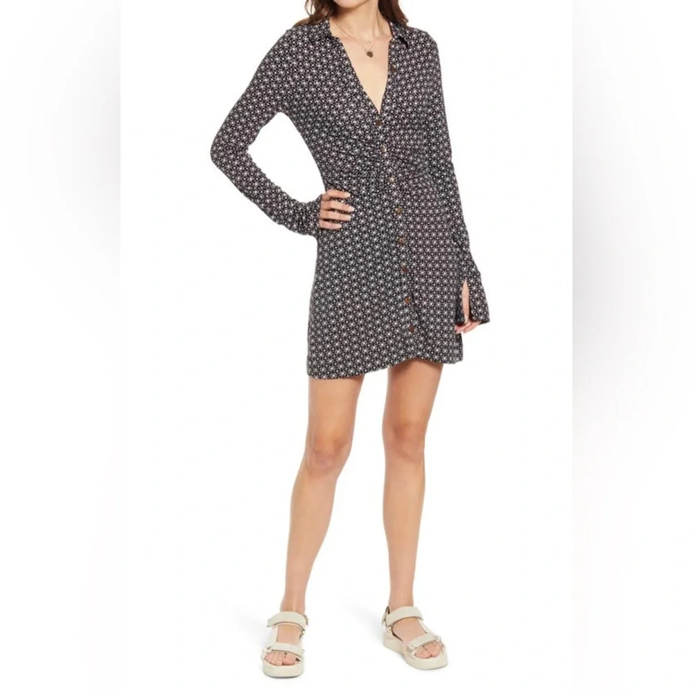 Free People Shayla Black White Retro Ruched Spring Mini Dress M y2k 90s - Picture 5 of 11